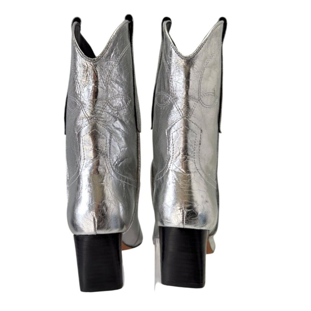Steve Madden Josefine Western Boot Silver Leather Block Heel Calf Boots Size 8 - Picture 6 of 10